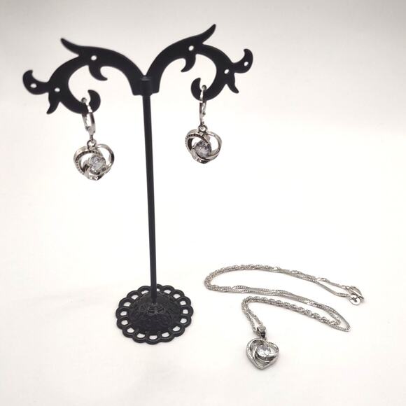 925 Silver Necklace Ring & Earring Set White CZ Diamonds Heart Stones Valentines - Picture 5 of 8